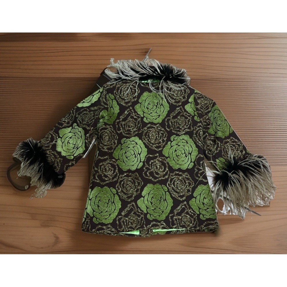 Leopard Daisy BEAUTIFUL Kids Brocade Floral Brown Green Coat Faux Feather Sz 4 - Picture 2 of 12
